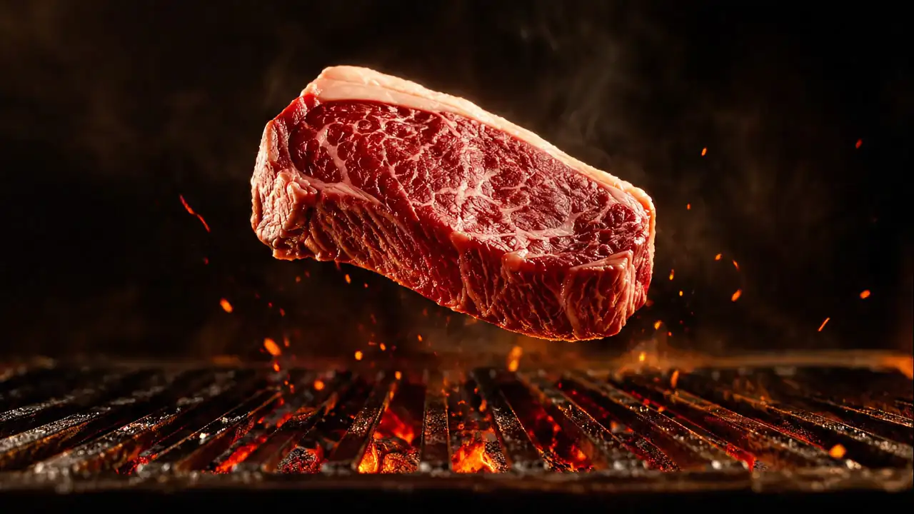 Corte de carne marmorizada descendo sobre a grelha em brasa